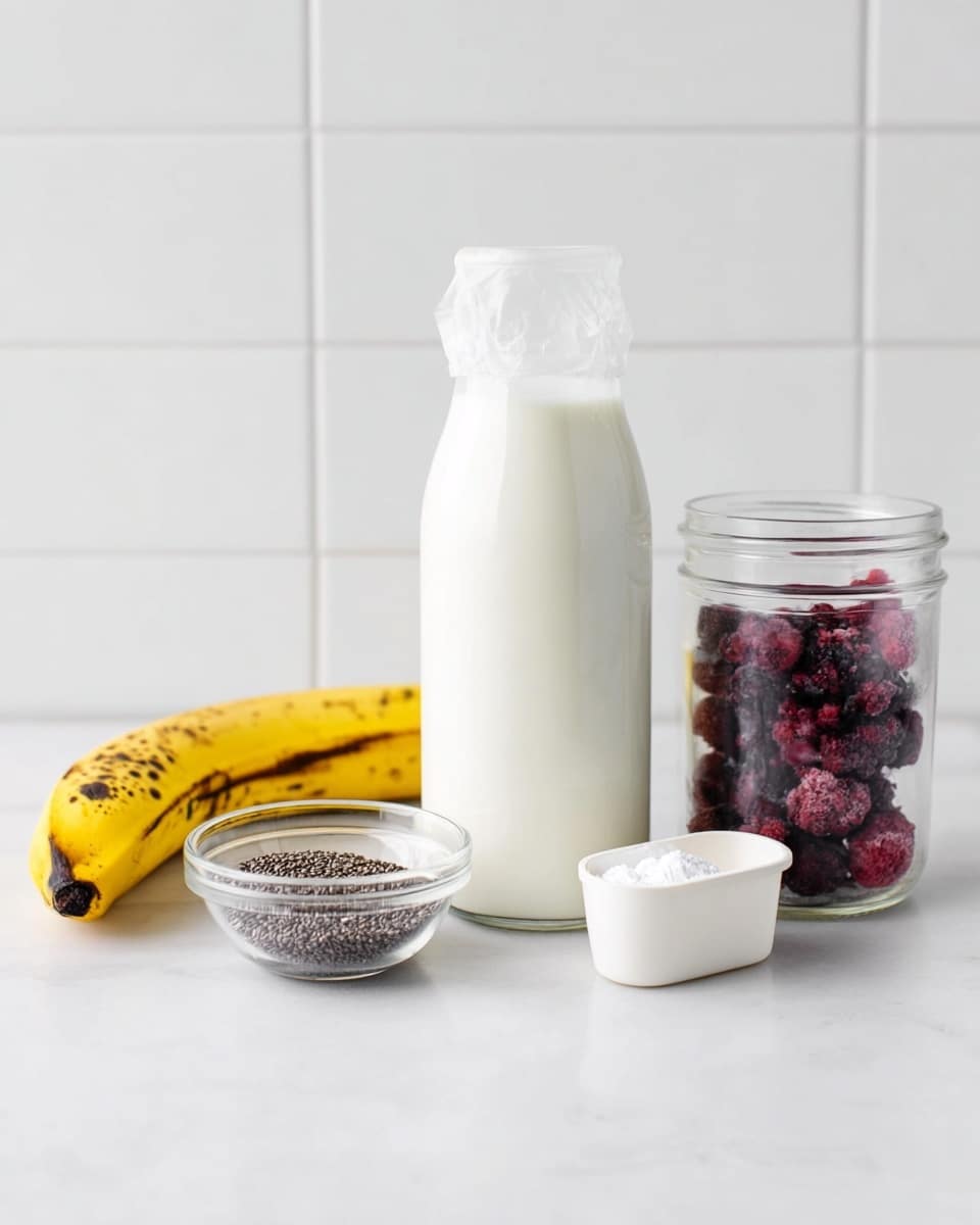 The image shows a simple arrangement of ingredients on a white marbled surface. On the left, there is a yellow banana with brown spots lying flat. In front of it, a small clear glass bowl contains dark chia seeds. In the center, a tall clear glass bottle filled with white milk is sealed with a white cover that hangs slightly over the edge. To the right, there is a small white plastic scoop filled with a white powdery substance. Behind the scoop, a clear glass jar holds mixed frozen berries in deep red and purple shades. The background is a clean white tiled wall. photo taken with an iphone --ar 4:5 --v 7