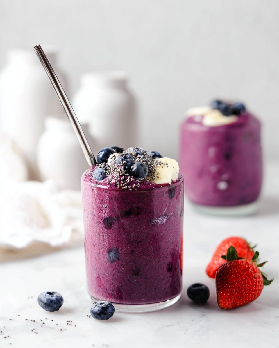 The image shows a glass filled with a thick, purple smoothie that has visible pieces of ice inside. On top of the smoothie, there are small dark blueberries, slices of light yellow banana, and black chia seeds sprinkled over them. A shiny metal straw is placed inside the glass from the left side. The glass is set on a white marbled surface where a few blueberries and two bright red strawberries are scattered around. In the blurry background, there is another glass filled with the same purple smoothie topped with blueberries and a white dollop, along with some white rounded jars. The whole scene has a soft, bright lighting that highlights the colors clearly. photo taken with an iphone --ar 4:5 --v 7