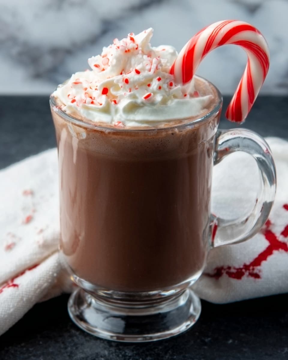 A clear glass mug filled with creamy hot chocolate topped with a swirl of white whipped cream sprinkled with small red specks. A red and white striped candy cane is placed on top of the whipped cream, slightly leaning to one side. The mug sits on a dark surface with a white marbled texture background, and a white cloth with red embroidery is visible near the base. Photo taken with an iphone --ar 4:5 --v 7