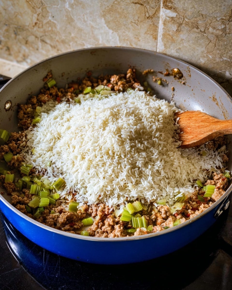 A blue pan with a silver handle contains a mixture of cooked ground meat with small pieces of green celery, topped with a large pile of uncooked white rice. A wooden spatula is partially visible on the right side, resting on the rice and meat mix. The background shows a beige stone wall, and the pan sits on a smooth, dark stovetop surface. photo taken with an iphone --ar 4:5 --v 7