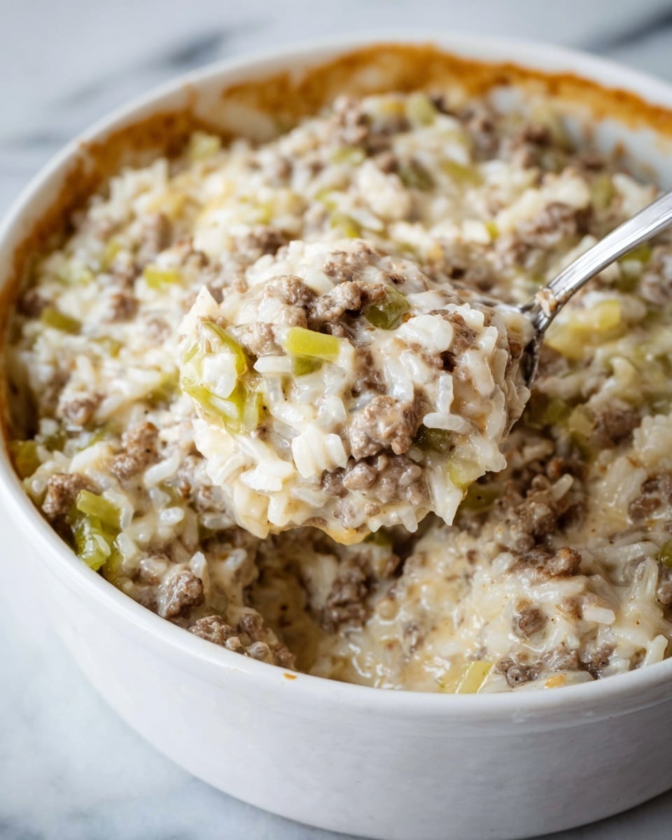 A close-up view of a creamy mixture in a white bowl with visible layers of cooked white rice, small pieces of browned ground meat, and bits of green celery throughout. The texture looks soft and thick, with all ingredients mixed together smoothly. A silver spoon is lifting a spoonful from the bowl, showing the rice and meat blend clearly. The edge of the bowl has a light brown baked line where the mixture has touched. The bowl sits on a white marbled surface. Photo taken with an iphone --ar 4:5 --v 7