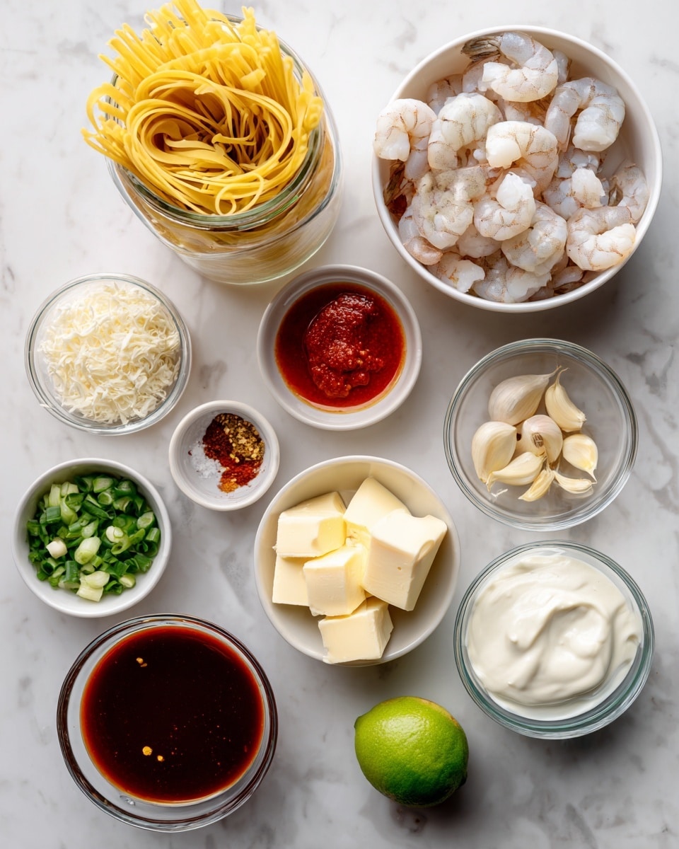 A top view shows ingredients arranged on a white marbled surface: a clear glass jar full of uncooked yellow fettuccine pasta standing upright on the left, a white bowl with raw white and pink shrimp at the top right, and a clear container filled with smooth white heavy cream below the shrimp. Around them are small bowls and containers holding various items: a small bowl of bright red Thai sweet chili sauce, a bowl with red paprika and brown garlic powder mix, a white bowl of white salt, a small bowl of chopped light brown garlic pieces, and a clear bowl with two blocks of pale yellow butter. There is also a glass bowl with dark red sriracha sauce near the bottom left, a whole green lime to the right of the sauce, and a small bowl of chopped dark green onions near the bottom left corner. A few cloves of unpeeled garlic rest near the Thai sweet chili sauce. photo taken with an iphone --ar 4:5 --v 7
