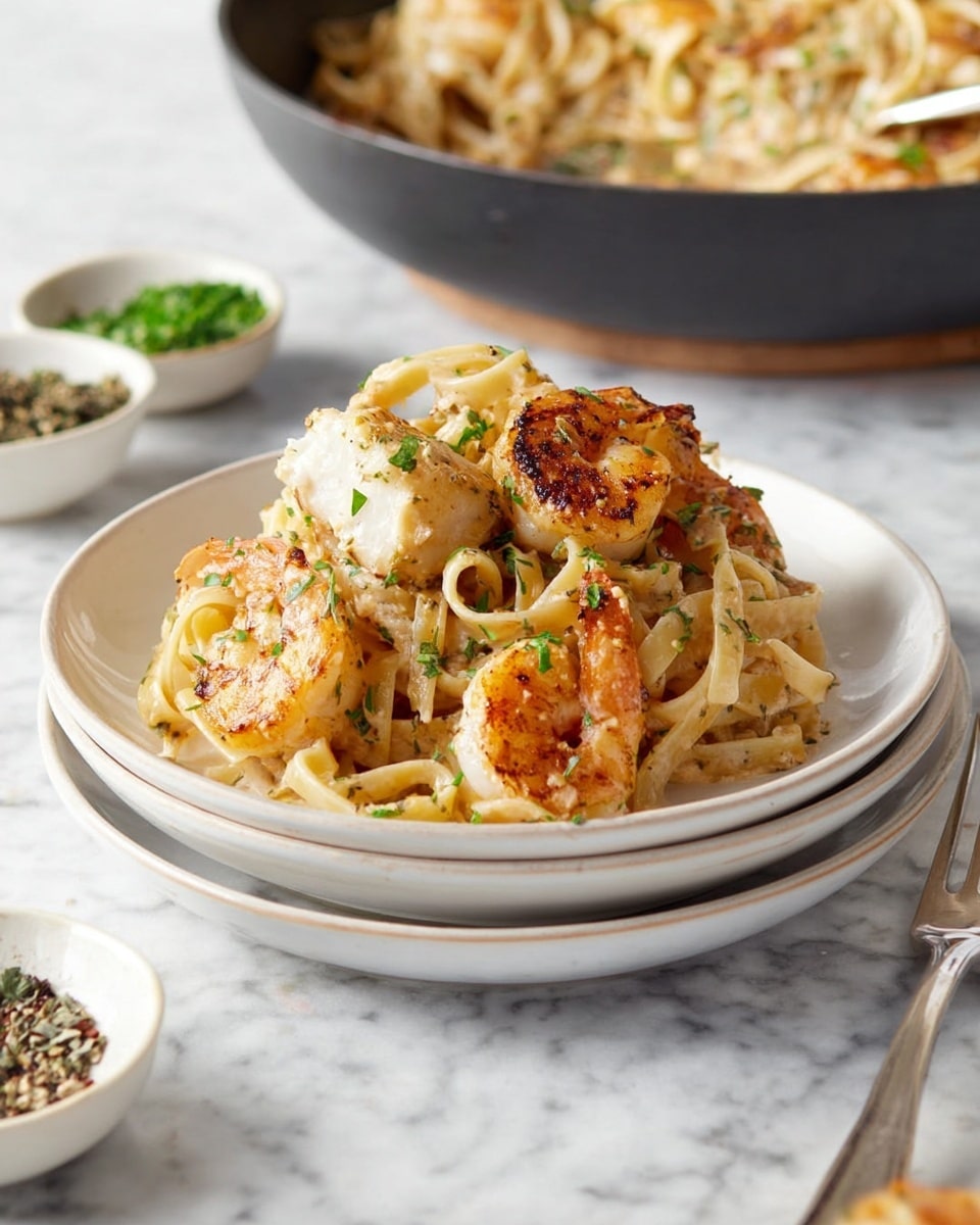 The dish shows a white plate stacked on top of two similar plates, filled with creamy fettuccine pasta mixed with three large, browned shrimp and a piece of white fish on top. The pasta is light beige with a smooth creamy texture and is sprinkled with small green chopped herbs. The shrimp are golden brown with a slightly crispy texture. The plate sits on a white marbled surface, with a silver fork on the right and small bowls of black pepper and green herbs blurred in the foreground. A large black pan with more pasta is in the background. Photo taken with an iphone --ar 4:5 --v 7