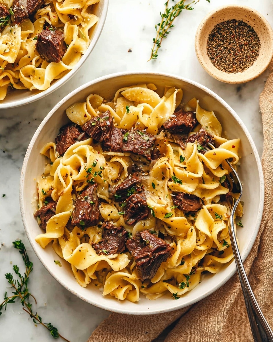 A white bowl filled with three layers of wide, curly egg noodles in light yellow, mixed with several pieces of dark brown, tender beef chunks scattered evenly throughout. The noodles have a glossy, smooth texture with some herbs sprinkled on top, including small green thyme leaves. The dish is seasoned with coarse black pepper spread evenly over the top. A silver fork is resting partially inside the bowl on the right side. In the background, another white bowl with the same dish is partially visible, placed on a white marbled surface with a few sprigs of thyme scattered around. There is also a small round beige bowl filled with black pepper on the top left, and a soft, light brown cloth underneath the main bowl. Photo taken with an iphone --ar 4:5 --v 7
