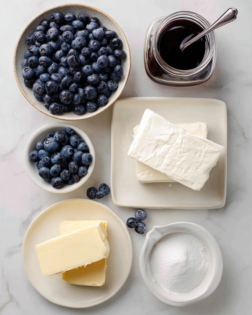 A top view of six simple ingredients arranged on a white marbled surface: at the top left, a round bowl filled with dark blue, fresh blueberries; to the right of it, a small glass jar with dark brown vanilla extract, next to a white bowl filled with white powdered sugar with a silver spoon inside; below that, two rectangular blocks of white cream cheese stacked on a white plate; at the bottom left, two thick slices of pale yellow salted butter on a white plate; and in the center, a small white bowl of fine white sugar, with three loose blueberries beside it. Photo taken with an iphone --ar 4:5 --v 7