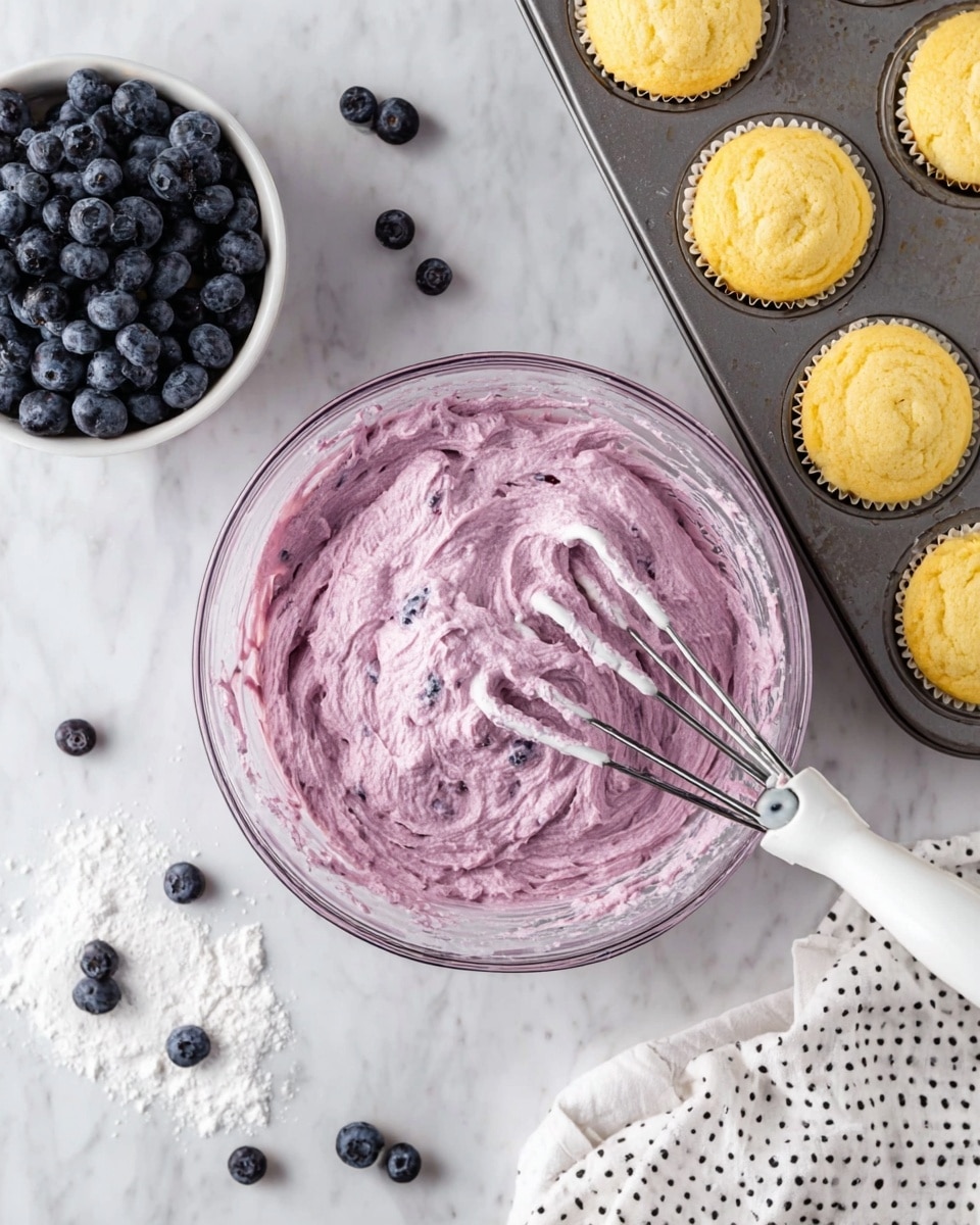 A clear glass bowl filled with thick, creamy, light purple batter with visible tiny darker purple bits mixed in. Two metal beaters from a white mixer are partly dipped into the batter, resting in the bowl. To the top right, there is a metal muffin tray holding six plain yellow cupcakes, and to the top left, a white bowl filled with fresh dark blue blueberries. Scattered around the bowl and on the white marbled surface are several loose blueberries and light dustings of white powder. A white cloth with small black dots is partially folded at the bottom right corner. Photo taken with an iphone --ar 4:5 --v 7