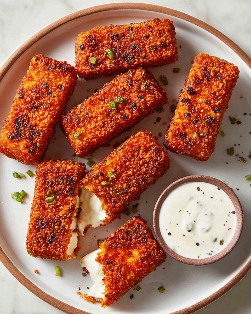 A white plate holds eight fried rectangular pieces arranged neatly, six whole pieces and two pieces with one edge broken, showing a soft white inside layer beneath a thick, crunchy, reddish-orange crust with small textured bits. Scattered tiny green herb pieces are mixed in the crust. Near the top right side of the plate, there is a small white bowl with brown rim filled with a white creamy sauce with small black specks. A few small green chopped herbs are sprinkled on the white marbled surface around the plate. Photo taken with an iphone --ar 4:5 --v 7