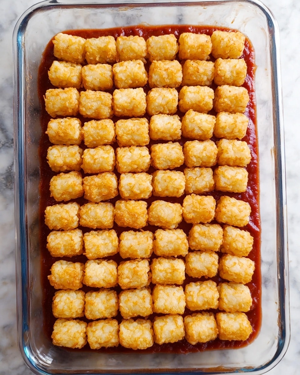 A clear glass rectangular baking dish is filled with two visible layers: the bottom layer is a smooth, deep red tomato sauce spread evenly across the base, and the top layer is a neat grid of small, golden-brown, evenly browned tater tots arranged closely side by side, covering the whole surface in six rows of ten. The dish sits on a white marbled surface. Photo taken with an iphone --ar 4:5 --v 7