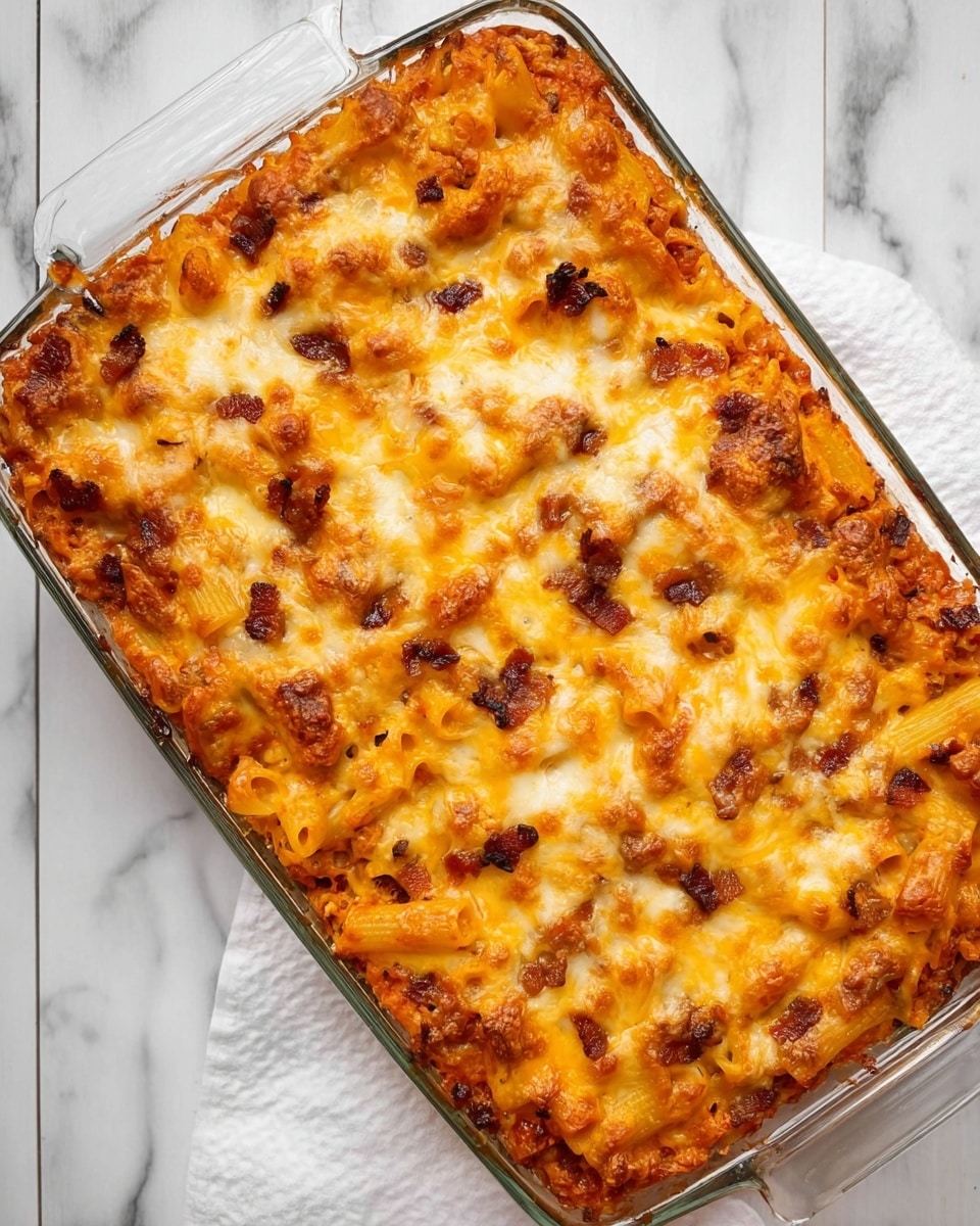 A glass baking dish filled with a baked casserole that has three main layers visible from the top. The bottom layer is a rich, chunky red-orange sauce spreading evenly across the base. The middle layer consists of soft, tubular pasta pieces soaked in the sauce, arranged in rows. The top layer is a thick covering of melted, golden cheese, browned in spots, with small bits of crispy, dark brown bacon scattered over the surface. The dish sits on a white marbled surface with a white cloth underneath. Photo taken with an iphone --ar 4:5 --v 7
