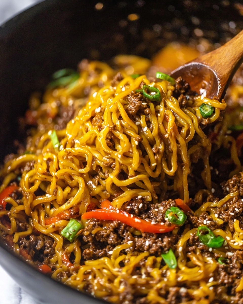 This image shows a close-up of a stir-fry dish with yellow, shiny noodles mixed with dark brown ground meat and thin slices of red bell pepper. The noodles are coated in a glossy sauce, giving them a slightly wet texture, and are lifted by a wooden spoon. Green onion pieces and small white sesame seeds are sprinkled on top, adding contrasting colors and textures. The background is the inside of a pan, dark and out of focus, while the surface below is changed to a white marbled texture. photo taken with an iphone --ar 4:5 --v 7