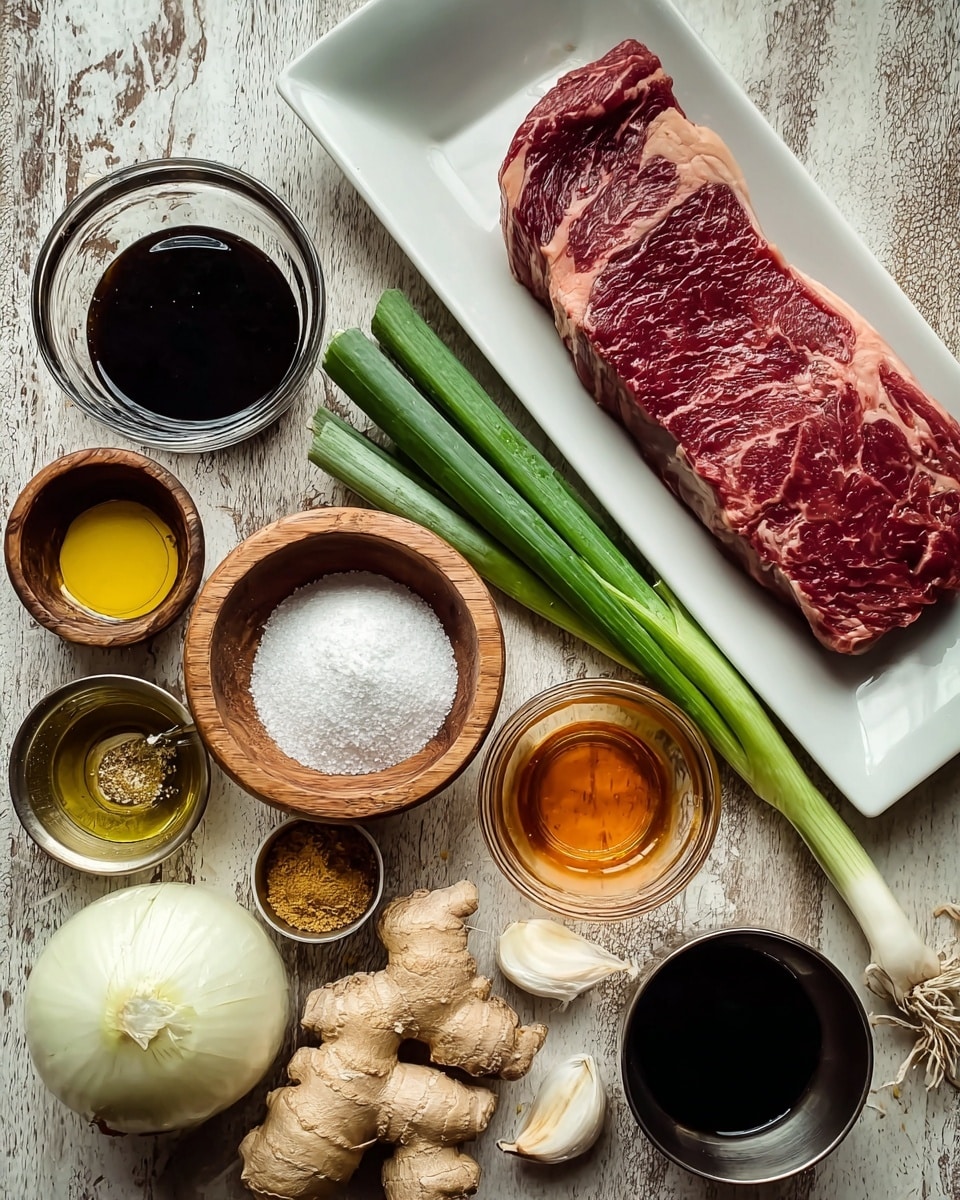 A long raw red steak with light marbling lies on a white rectangular plate at the top center. Below it, a group of ingredients are arranged on a wooden surface: two green onions with white bases placed near the center, a whole white onion in the bottom left corner, and a large fresh ginger root near the bottom center right. Around them are six small dishes holding different sauces and condiments: a glass bowl with dark soy sauce to the left, a wooden bowl filled with white granulated sugar near the center, a small metal cup with light yellow oil beneath the green onions, a glass bowl of amber liquid in the top right, a dark bowl of thick dark sauce beneath that, and a small metal cup with black liquid in front of the ginger. Garlic cloves and white garlic skin scatter near the bottom right. The whole scene is on a white marbled texture surface. Photo taken with an iphone --ar 4:5 --v 7