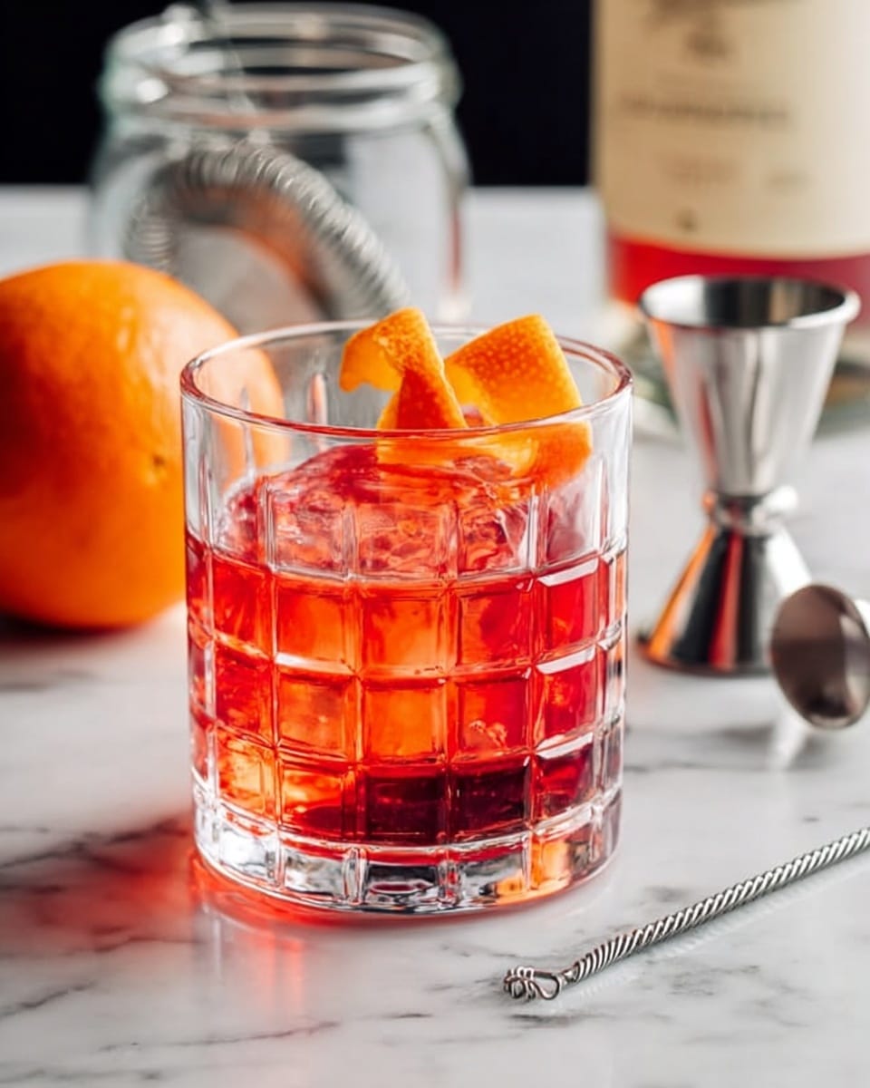A short clear glass with a grid pattern sits on a white marbled surface, filled with a bright red-orange drink. Inside the drink, there are two large curls of orange peel resting near the top. To the left, a whole orange is visible, and behind the glass, there is a clear glass jar with a metal strainer on top. On the right side of the glass, a silver jigger and a twisted silver bar spoon lie on the surface. The background shows a bottle with a beige label, slightly out of focus. Photo taken with an iphone --ar 4:5 --v 7
