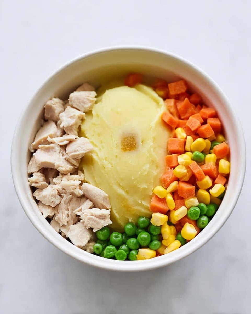 In a white bowl, there are three layers side by side: on the left side, small pieces of light beige cooked chicken; in the middle, a smooth pale yellow mashed potato mound with a small brown spot on top; on the right side, a colorful mix of diced orange carrots, yellow corn, green peas, and green beans. The bowl is placed on a white marbled surface. photo taken with an iphone --ar 4:5 --v 7