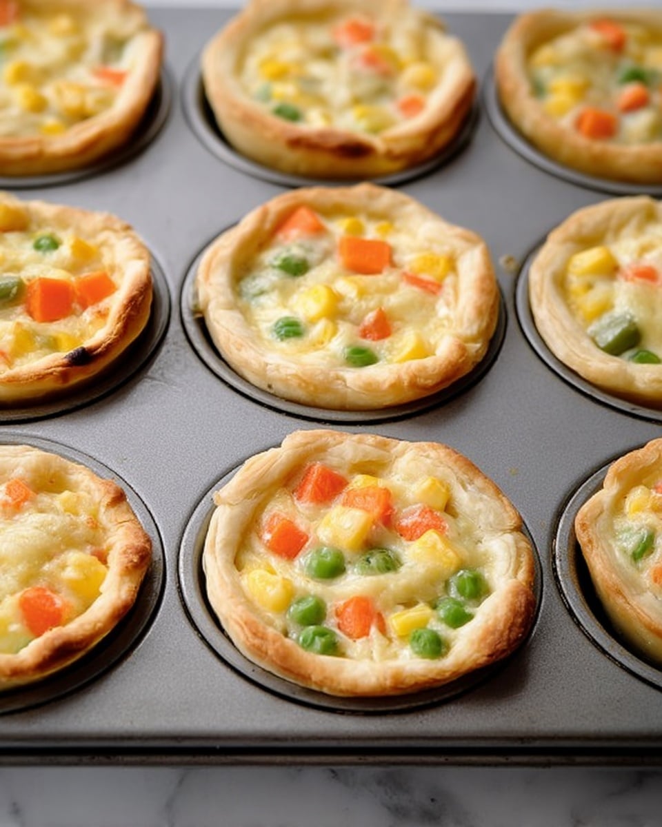 The image shows a metal baking tray filled with small round mini pies, each with a golden brown crust. On top of each crust is a creamy layer filled with mixed vegetables including orange carrot cubes, yellow corn kernels, green peas, and a few small pieces of green beans. The textures of the filling look smooth and slightly shiny, sitting evenly inside the crusts with some bubbling cheese or sauce visible on top. The baking tray rests on a white marbled surface. photo taken with an iphone --ar 4:5 --v 7