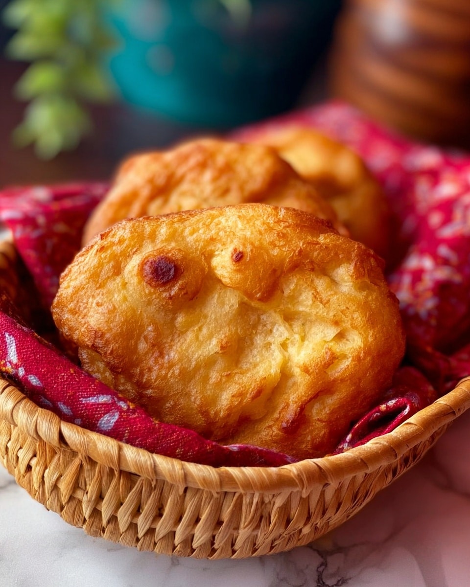 A close-up view of two golden brown fried bread pieces placed on a red patterned cloth inside a round woven basket. The bread pieces have a slightly uneven, puffy texture with crispy, light golden edges and small darker baked spots. The basket is set on a white marbled surface with blurred background elements featuring dark and green tones, adding warmth to the scene. photo taken with an iphone --ar 4:5 --v 7