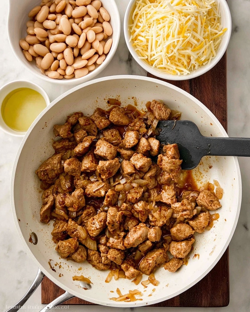 The image shows a white skillet filled halfway with cooked chunks of browned meat mixed with small pieces of onion, giving a textured and slightly oily look. A black spatula rests inside the skillet, with its handle stretching out to the top. Around the skillet are three small white bowls; one holds light beige beans, the second is filled with shredded yellow and white cheese, and the third contains a pale yellow sauce. All items are placed on a white marbled surface. Photo taken with an iphone --ar 4:5 --v 7