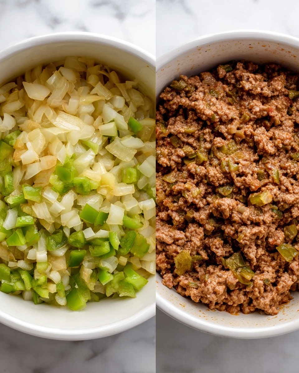 The image shows two white pots on a white marbled surface. The pot on the left has the first layer of diced onions and green bell peppers that are lightly cooked, showing a soft texture with a mix of translucent pale yellow onions and bright green pepper pieces. The pot on the right has an additional second layer added, with a cooked ground meat mixture covering the onions and peppers. The meat is browned and crumbly, mixed with bits of onion and green pepper that show through, creating a textured, earthy brown layer on top. Photo taken with an iphone --ar 4:5 --v 7