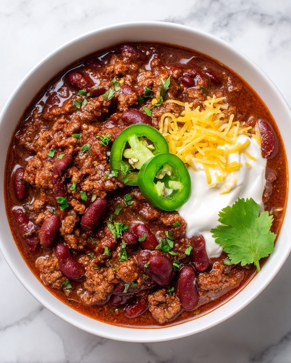 A white bowl filled with a rich, thick chili made of cooked ground meat and dark red kidney beans mixed in a reddish-brown sauce with small bits of green herbs sprinkled on top. On one side, there is a dollop of white sour cream with a few slices of bright green jalapeño peppers placed over it, along with some shredded yellow cheese. A single green cilantro leaf is also placed near the sour cream as a garnish. The bowl sits on a white marbled surface. Photo taken with an iphone --ar 4:5 --v 7