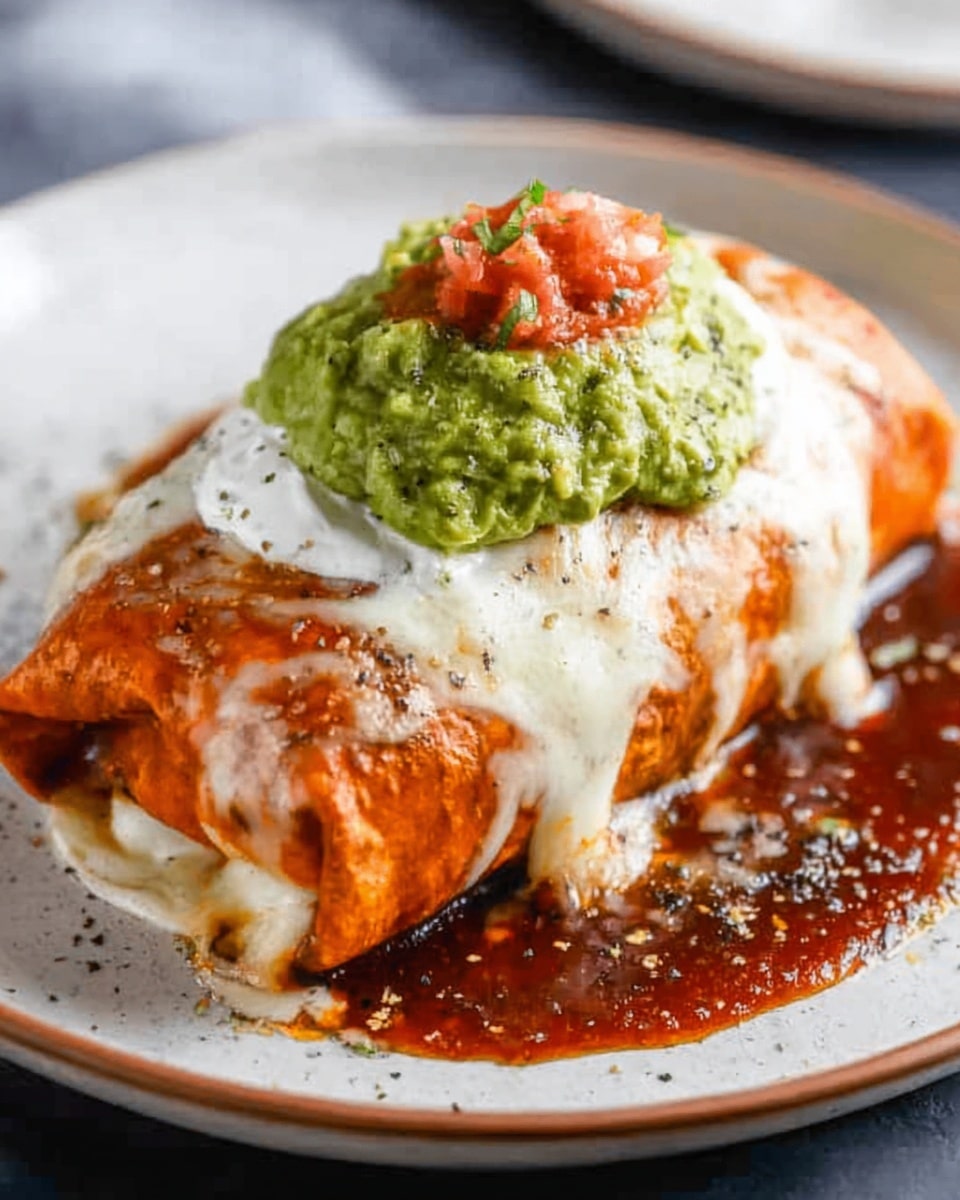 A large burrito wrapped tightly in a warm, orange tortilla sits on a white plate with a white marbled texture background. The burrito is covered with a thick layer of melted white cheese that spreads across the top and slightly drips down the sides. On top of the cheese, there is a generous spoonful of bright green guacamole, topped with a dollop of white sour cream, and finished with a small amount of red salsa. The dish is sprinkled lightly with black pepper, and some sauce pools gently around the base of the burrito, adding a glossy finish. photo taken with an iphone --ar 4:5 --v 7