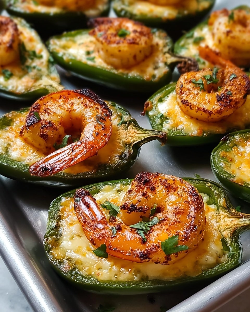 The image shows several green jalapeño halves, each filled with a creamy, light yellow cheese layer and topped with a single large shrimp that is cooked to a golden brown with slight charring. The shrimp is curled and has a slightly glossy texture, with a small sprinkle of green herb on top for garnish. All the stuffed jalapeños are arranged closely on a metal baking tray, which contrasts with the white marbled surface beneath. The overall look is fresh and appetizing, highlighting the bright green of the jalapeños and the warm tones of the shrimp. Photo taken with an iphone --ar 4:5 --v 7