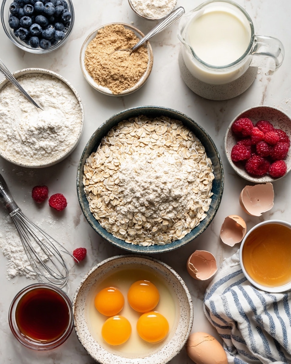 The image shows a top-down view of various baking ingredients arranged on a white marbled surface. In the center, there is a dark bowl filled with light beige rolled oats. Surrounding it are smaller white bowls holding white flour with a metal scoop, light brown powder, and small bright red raspberries. A white bowl with speckled edges contains four cracked eggs with bright orange yolks and a small metal whisk inside. Near the eggs, there is a clear glass pitcher filled with white milk. Two small bowls contain dark red syrup and golden amber liquid. There are also scattered blueberries, halves of eggshells, and a striped white and navy kitchen cloth on the surface. Photo taken with an iphone --ar 4:5 --v 7