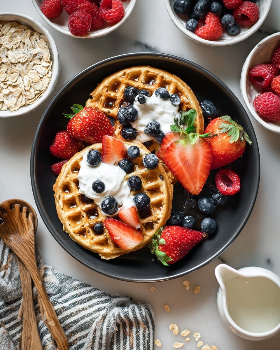 Three golden brown mini waffles are placed overlapping inside a deep dark bowl. Two of the waffles have a dollop of white cream on top, adorned with fresh blueberries, bright red raspberries, and sliced strawberries with green leafy tops. Additional raspberries and strawberries are scattered on top and around the waffles. The bowl sits on a white marbled surface surrounded by small white bowls of fresh raspberries, blueberries, rolled oats, and cream, with a white pitcher of syrup visible at the edge. A woman's hand is slightly visible near the bottom right corner, next to a striped cloth and wooden utensils. Photo taken with an iphone --ar 4:5 --v 7