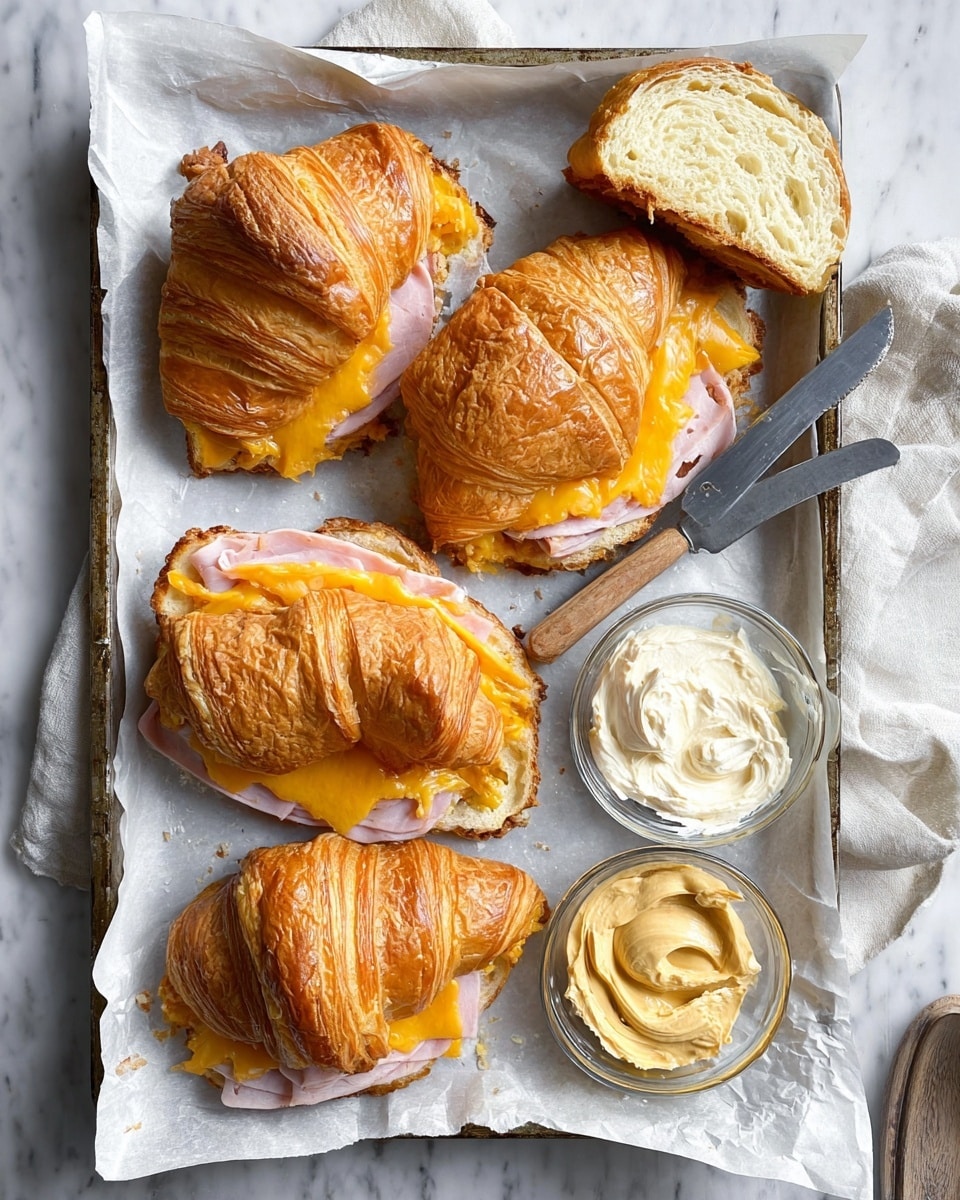 The image shows a white paper-lined baking tray on a white marbled surface holding four croissant sandwiches. Each croissant sandwich has a flaky, golden-brown top layer. Inside, layers of bright orange cheddar cheese and thin pale pink slices of ham are visible, with some scrambled eggs peeking out in places. There is also one croissant sliced open, showing the soft, light yellow inside. Next to the sandwiches are two small glass bowls, one filled with creamy white spread and the other with smooth mustard. A butter knife with spread on it is placed near the bottom edge of the tray. Photo taken with an iphone --ar 4:5 --v 7
