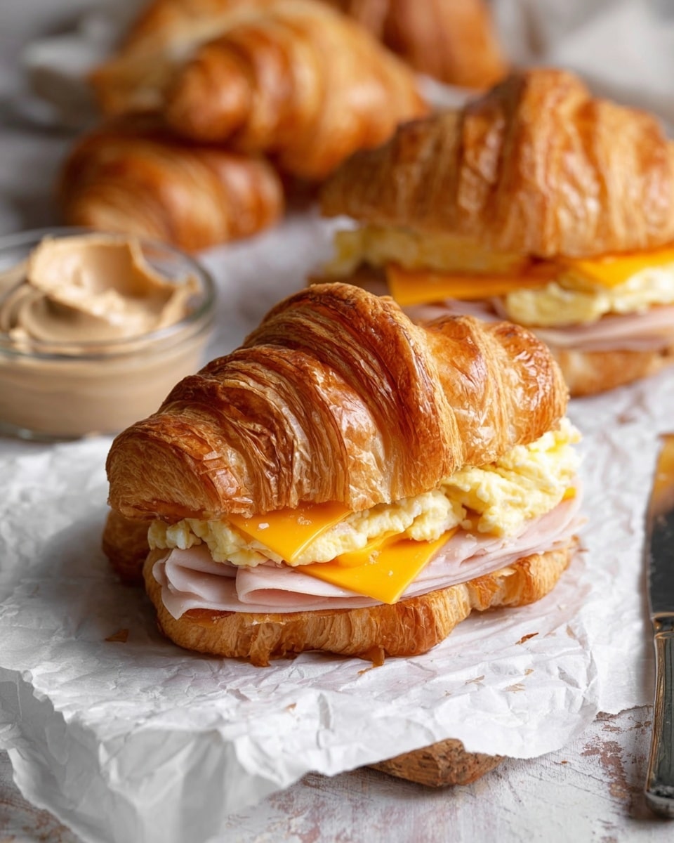 A croissant sandwich sits on white parchment paper over a rustic wooden surface with a white marbled texture background. The sandwich has three visible layers inside: at the bottom, thin slices of light pink deli turkey; in the middle, bright orange cheddar cheese slices that slightly overlap; and on top, fluffy white scrambled eggs with a soft texture. The croissant is golden brown, flaky, and shiny with curved layers. In the background, there are more croissant sandwiches and a small clear glass bowl filled with light beige spread and a silver knife resting next to the sandwich. photo taken with an iphone --ar 4:5 --v 7