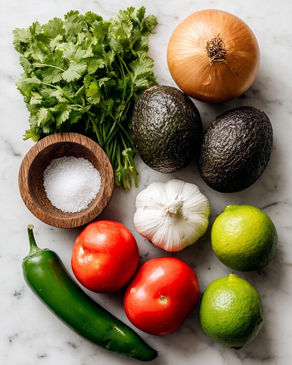 The image shows fresh ingredients arranged on a white marbled surface. Starting from the top left, there is a bunch of bright green cilantro leaves, next to three dark green avocados with textured skins on the right. Below the cilantro is a large round onion with a light brown skin. To the right of the onion is a white garlic bulb with papery skin, and to its right is a bright green lime. Below the lime are two red tomatoes, oval shaped with smooth skins, and to their right is a single green jalapeno pepper with a shiny surface and curved stem. At the bottom left of the image, there is a round wooden container open to show white salt inside. photo taken with an iphone --ar 4:5 --v 7