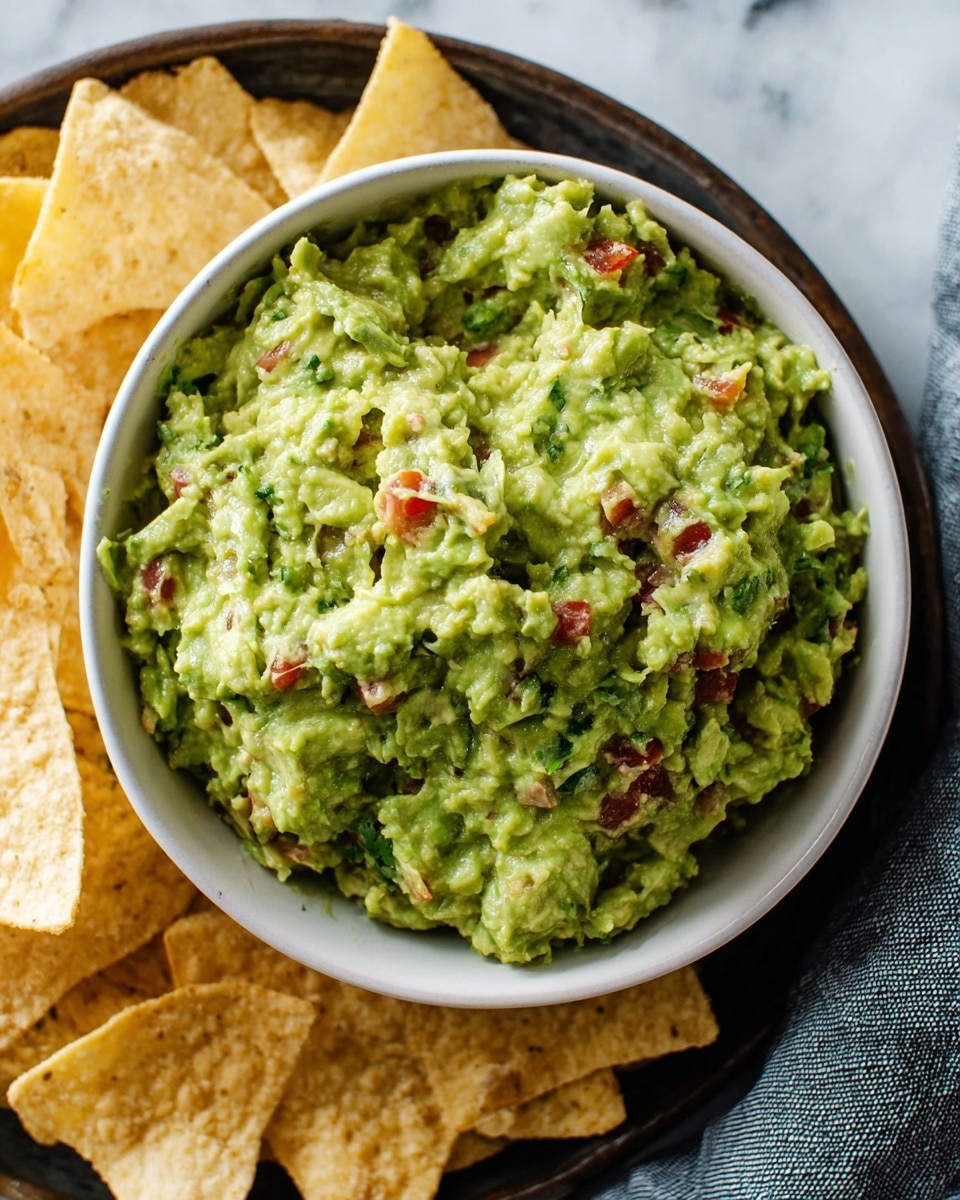 A close-up of a white bowl filled with chunky green guacamole mixed with small pieces of red tomato and green herbs, placed on a dark round tray. Around the bowl, scattered light yellow tortilla chips can be seen. The setting is on a white marbled surface with soft natural light, highlighting the texture of the guacamole and chips. photo taken with an iphone --ar 4:5 --v 7