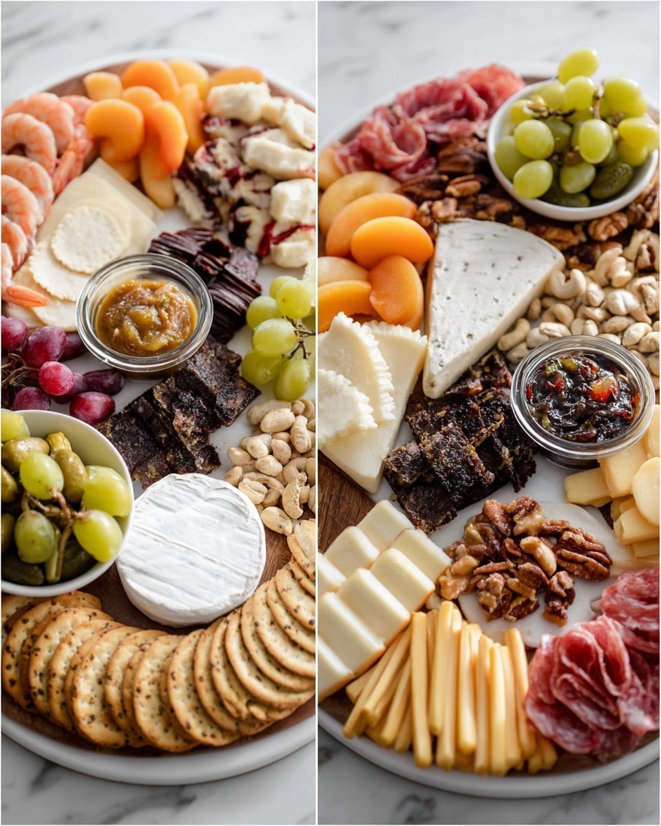 The first white round plate holds a layered cheese board with eight distinct areas: top left has brown mustard in a small clear bowl next to light round crackers and dark red cooked shrimp; top center has dark grilled meat with a charred crust, white nuts, and light peach slices; middle left has orange cheese cubes beside green grapes; bottom left has white square crackers and several slices of dark seeded bread; center has a large wedge of white cheese; bottom center has thinly sliced pink cured meat with brown candied nuts; bottom right features pale cheese sticks. The second white round plate has a layered cheese board with eight areas: top left holds green pickles in a small white bowl, cream cheese slices, and yellow round crackers; top center has orange peach slices and white nuts; top right has square pieces of dark chocolate next to speckled dark bread; center has a small white square block of creamy cheese covered with a golden honey glaze; middle center is a small clear bowl with dark fruit jam; below the cheese block is a pile of brown candied nuts; bottom right has yellow cheese sticks beside a row of beige round crackers; bottom left has thin slices of pink cured meat and sliced red pepperoni. The background is white marble, photo taken with an iphone --ar 4:5 --v 7