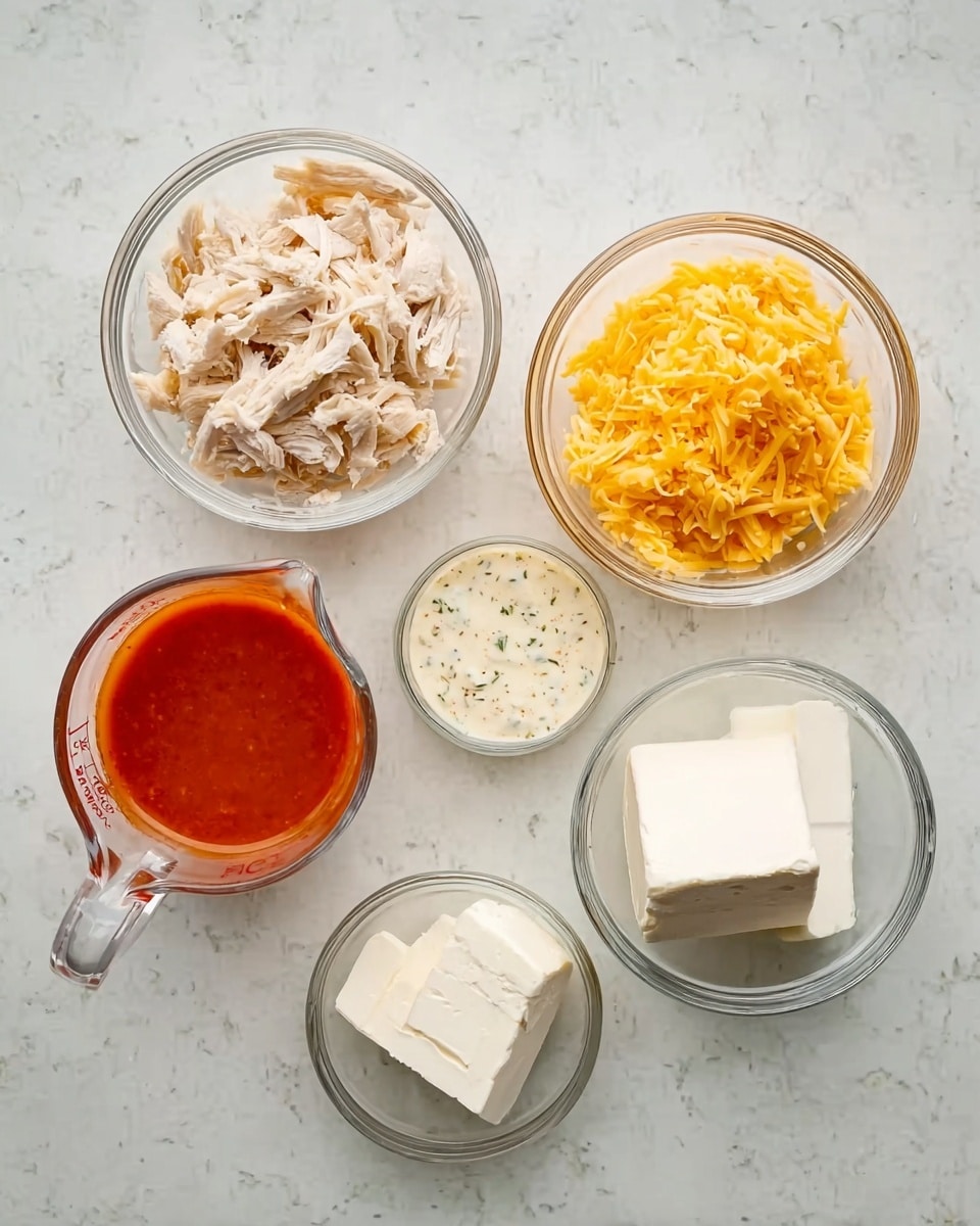 The image shows five small clear glass bowls arranged on a white marbled surface. The top left bowl contains shredded light beige chicken, the top middle bowl is filled with finely shredded bright yellow cheddar cheese, and the top right bowl holds a creamy white sauce with herbs. On the bottom left, there is an orange-red sauce in a glass measuring cup. Finally, the bottom middle bowl has two white blocks of cream cheese, smooth and soft in texture. Photo taken with an iphone --ar 4:5 --v 7