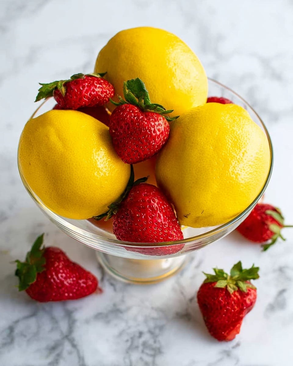 A glass bowl filled with three large, bright yellow lemons and several red strawberries with green leaves. The lemons are smooth and round, taking up most space, while the strawberries are smaller, placed between and on top of the lemons. A few strawberries are scattered on a white marbled surface around the bowl. The image is bright and clear, showing the fresh, natural textures of the fruit and the smooth glass bowl. photo taken with an iphone --ar 4:5 --v 7