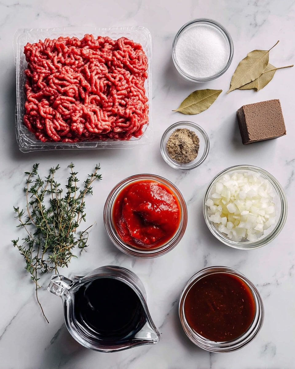 The image shows several ingredients arranged on a white marbled surface. In the center-left, there is a block of bright red ground beef in clear plastic packaging. Above it are small sprigs of thyme with green leaves and two light brown dried bay leaves. To the top right, a small clear bowl holds white sugar. Below the bay leaves, a small dark bowl contains a brown cube labeled beef cube or powder. Next to it, a small clear bowl holds finely chopped white onion and minced garlic. To the right, a small dark round bowl contains dark brown Worcestershire sauce. At the center-left, two small glass jars filled with bright red tomato contents sit side by side. At the bottom center, a small clear pitcher holds dark red liquid labeled red wine. Underneath Worcestershire sauce, a small dark bowl is filled with bright red tomato paste. All ingredients are neat and clearly visible on the white marbled surface. photo taken with an iphone --ar 4:5 --v 7