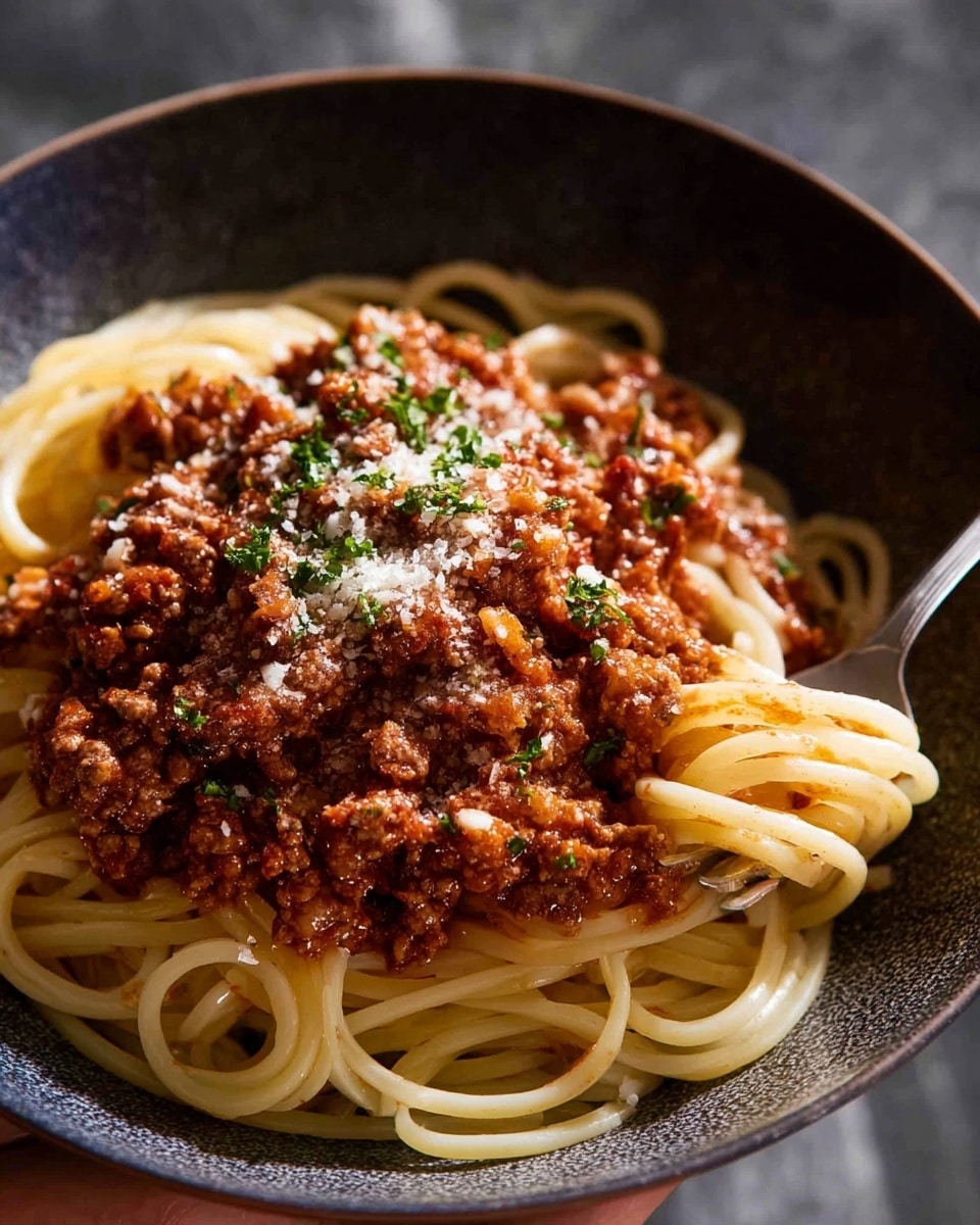 A bowl with a white marbled texture surface holds a serving of spaghetti, arranged in a loose spiral shape, pale yellow and smooth. The spaghetti is topped with a thick layer of chunky reddish-brown meat sauce with small bits of ground meat and visible small pieces of tomato. On top of the sauce, there is a light sprinkling of finely grated white cheese and small green herb bits. A woman's hand holds a fork sticking out from the back of the bowl, partially covered with sauce. The bowl is dark-colored with a simple design. Photo taken with an iphone --ar 4:5 --v 7