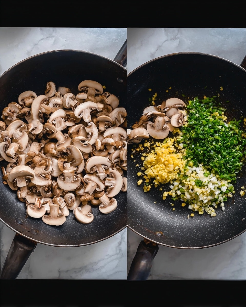 The image shows two black skillets with cooked sliced mushrooms in each. In the first skillet, there are only light brown mushrooms with soft texture spread across the pan. In the second skillet, the mushrooms are on the left side, and on the right side there are finely chopped yellow garlic, bright green herbs, and small white pieces, all separated but close to the mushrooms. Both skillets are on a white marbled surface. Photo taken with an iphone --ar 4:5 --v 7