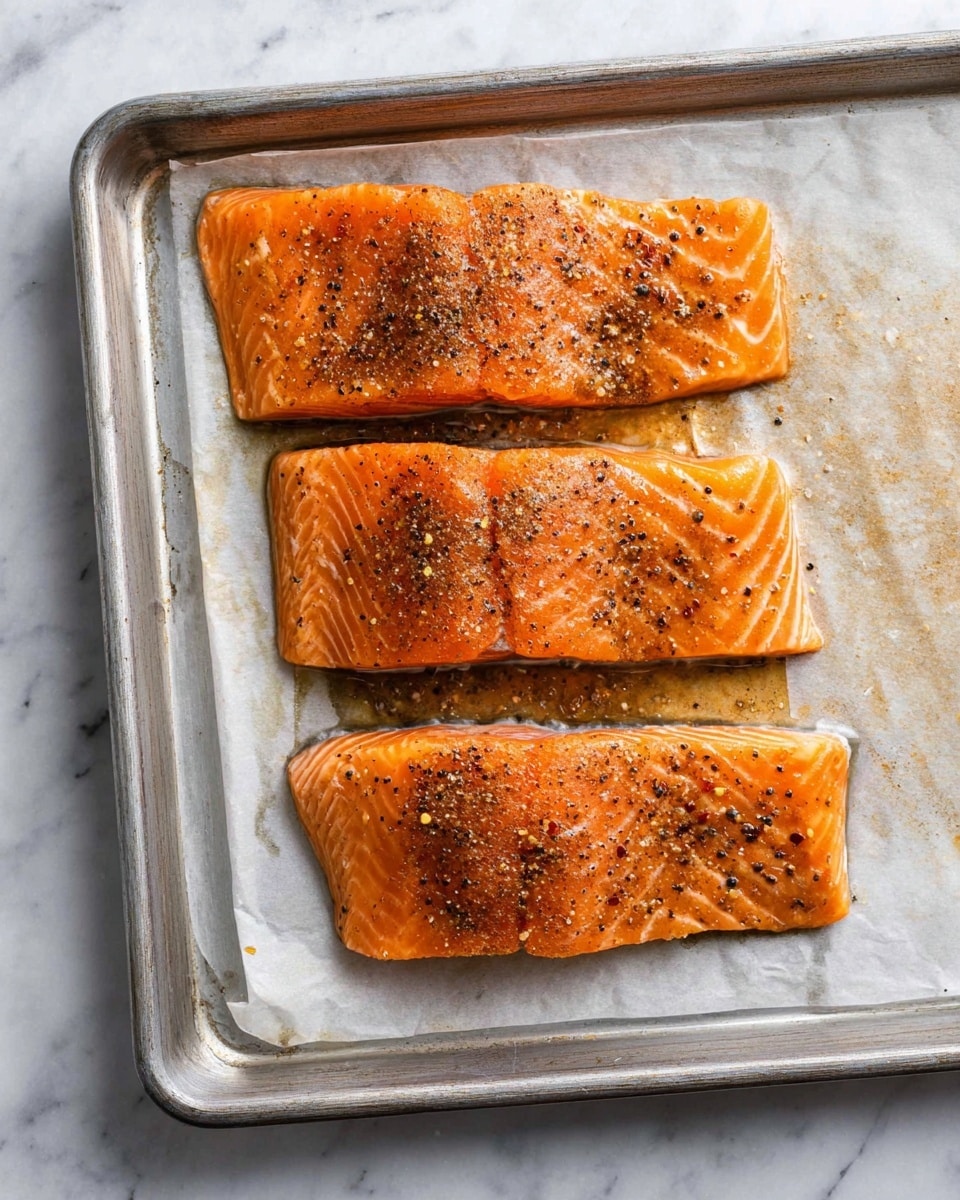 Three pieces of raw orange salmon fillets are laid side by side on a sheet of white parchment paper on a metal baking tray. The salmon is seasoned with a layer of black pepper and small bits of spices filled evenly over the surface. The tray sits on a white marbled textured surface. The edges of the salmon show some light pinkish tones with the texture visible from the fish lines. photo taken with an iphone --ar 4:5 --v 7