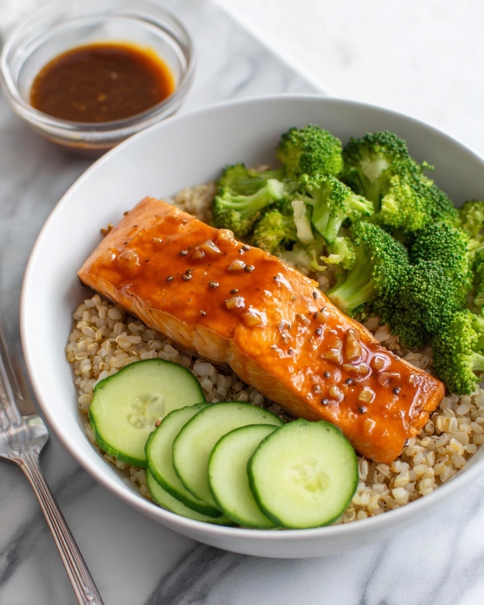 A white bowl contains a three-layer meal: the bottom layer is light brown cooked grains, topped with a shiny orange glazed salmon fillet that has small black pepper specks and sauce bits on top, and on one side, bright green steamed broccoli florets and on the other side, three thin cucumber slices with light green skin and juicy centers. In the background to the left, there is a small glass bowl with dark brown sauce, and a silver fork rests on the right edge of the bowl. The scene is set on a white marbled surface. Photo taken with an iphone --ar 4:5 --v 7