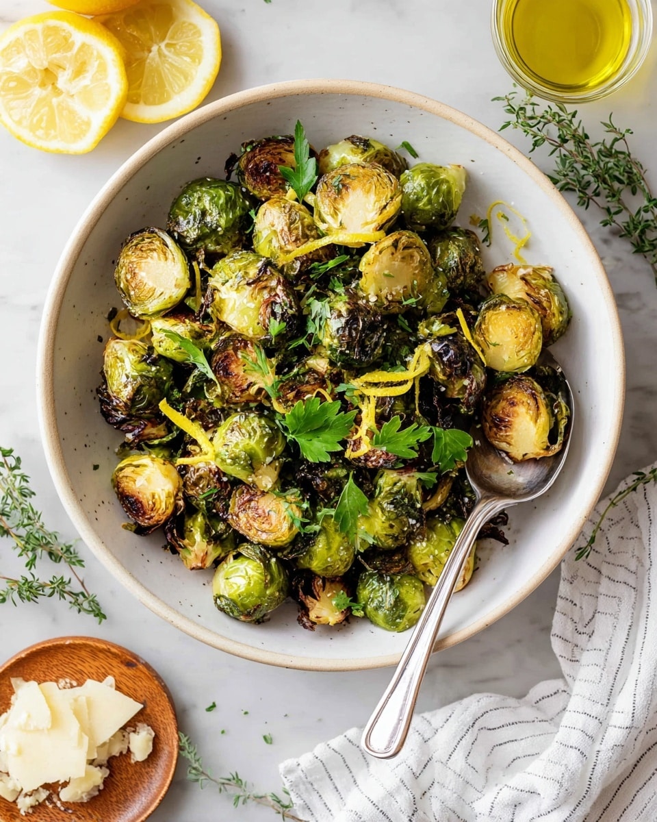 A large white bowl filled with roasted Brussels sprouts that have browned, crispy edges and green, tender centers. Scattered on top are fresh green parsley leaves and thin yellow lemon peel strips. A silver spoon rests inside the bowl on the right side, partly holding a few Brussels sprouts. Around the bowl on a white marbled surface, there are halved lemons, fresh thyme springs, a small wooden plate with shaved white cheese, and a glass of olive oil. A striped white cloth is slightly visible at the bottom right corner. photo taken with an iphone --ar 4:5 --v 7