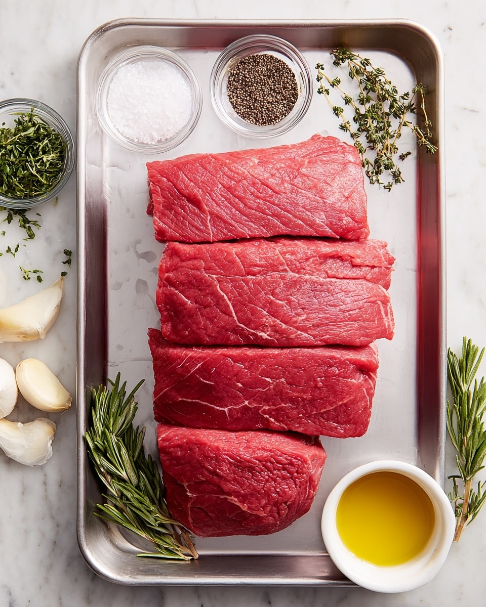 A metal tray holds a large piece of raw red meat with visible texture and muscle lines, divided into four thick sections stacked vertically. Around the tray are small clear bowls with black pepper and white salt, a small white bowl with golden olive oil, three garlic cloves, green sprigs of rosemary on the left, and thyme on the right, all placed on a white marbled surface. photo taken with an iphone --ar 4:5 --v 7