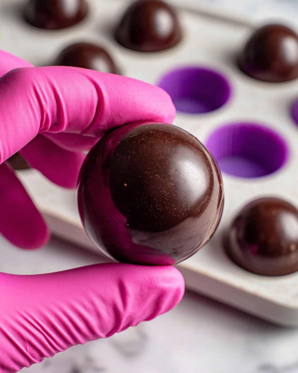 A shiny, dark brown, smooth chocolate sphere held by a woman's hand wearing a bright pink glove, with a few more similar chocolate spheres in the background resting on a white marbled surface and a white mold tray underneath filled with purple silicone molds shaped like half-spheres. The lighting highlights the glossy texture of the chocolate sphere, giving it a rich and polished look photo taken with an iphone --ar 4:5 --v 7