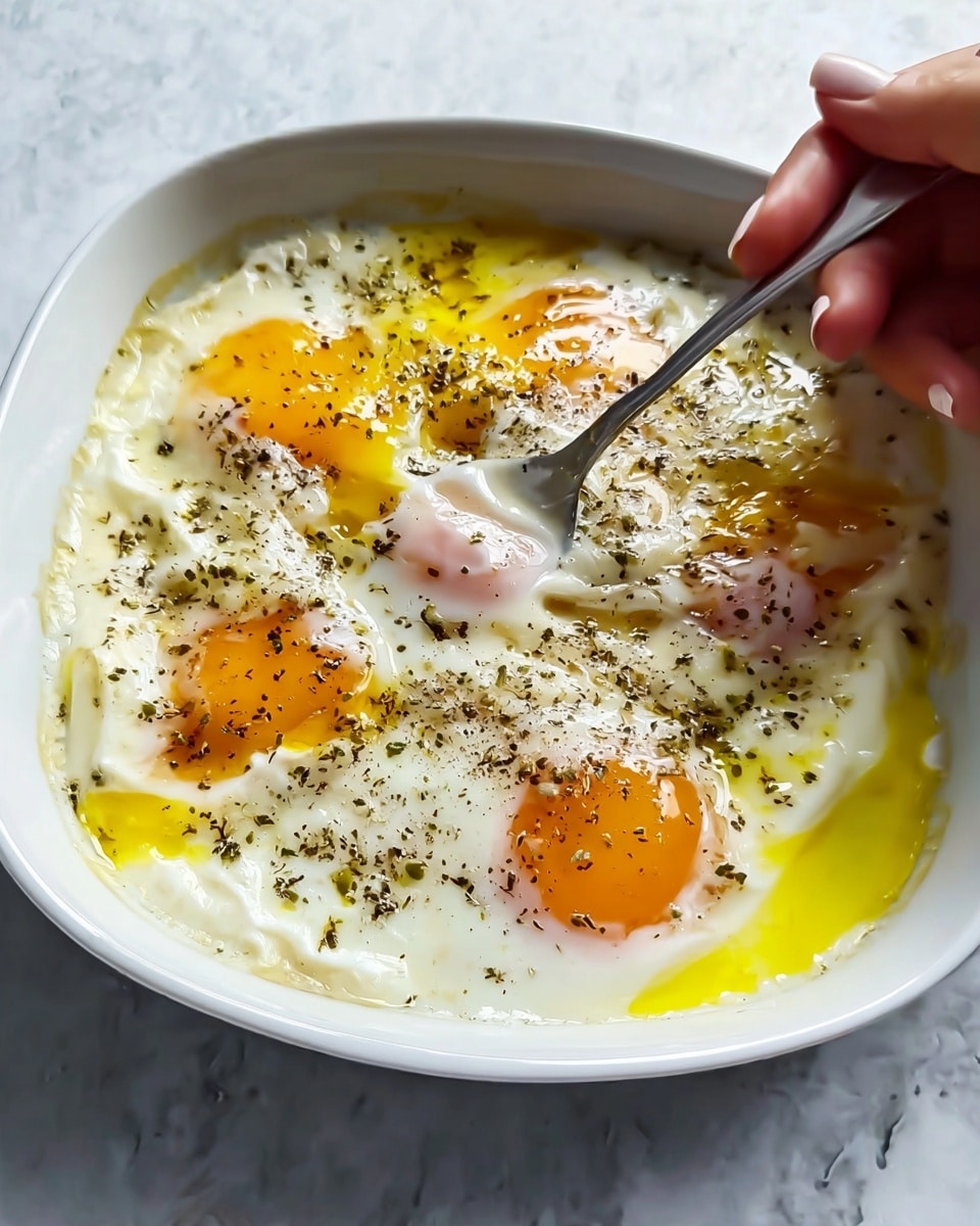 A white dish filled with four cooked eggs, each with yellow-orange yolks and soft white edges, sprinkled with black pepper and small drops of oil. The egg whites are smooth and slightly shiny, covering most of the dish’s bottom. A woman's hand holding a spoon is stirring or scooping some of the egg whites in the middle, creating a textured, creamy area. The dish sits on a surface with a white marbled texture. Photo taken with an iphone --ar 4:5 --v 7