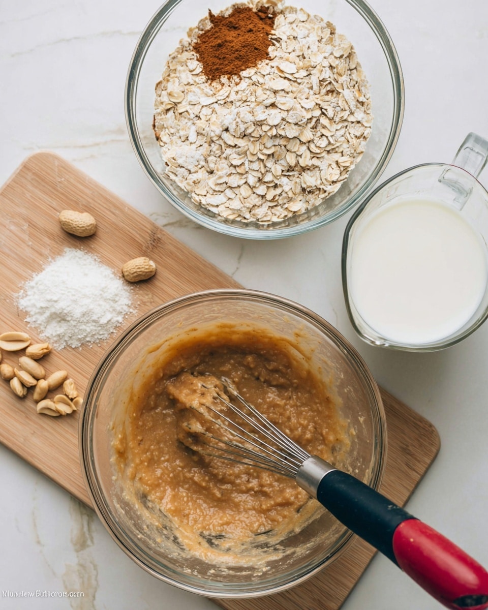 The image shows three glass bowls on a white marbled surface. The largest bowl at the top left contains dry rolled oats with small piles of white powder and brown cinnamon on top. To the right, a measuring jug is filled nearly to the top with white milk. At the bottom center, there is a mixing bowl with a thick, light brown wet batter being stirred by a whisk with a black handle and red trim, sitting on a light brown wooden board. Scattered peanuts are visible near the bowls. photo taken with an iphone --ar 4:5 --v 7