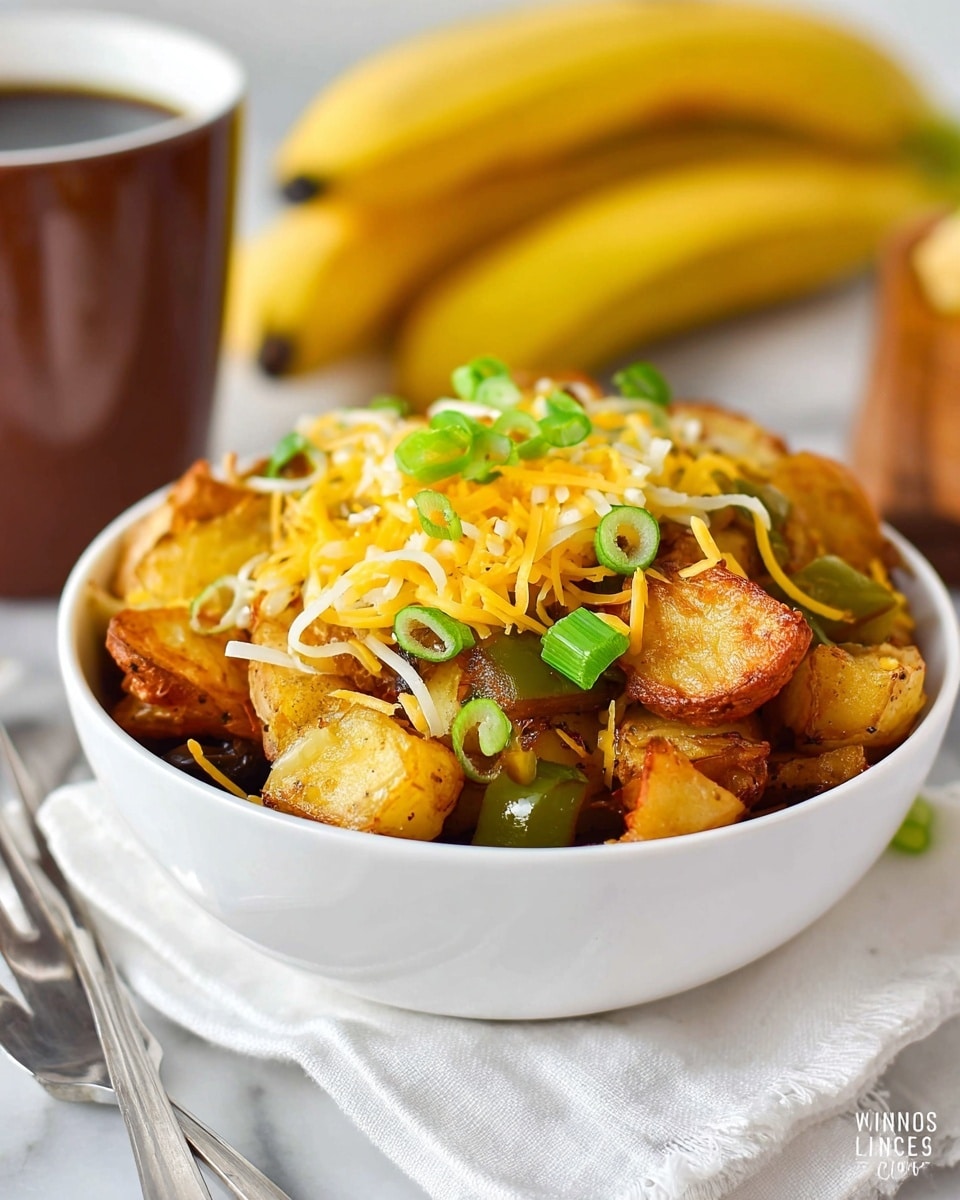 A white bowl filled with a layer of golden brown fried potato pieces mixed with small bits of cooked green bell peppers and onions, topped with shredded yellow and white cheddar cheese, and sprinkled with thin slices of green onion. The bowl is placed on a white cloth over a shiny white marbled surface, with a blurred brown cup and a bunch of yellow bananas in the background. A fork rests beside the bowl, and a woman’s hand is slightly seen holding it from the left side of the image. Photo taken with an iphone --ar 4:5 --v 7