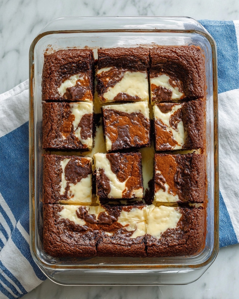 The image shows a rectangular glass baking dish filled with a baked chocolate and cream dessert, cut into nine uneven squares. The top layer is dark brown with a slightly cracked and textured surface. Beneath the top is a creamy white layer that has melted and oozed into some cracks, creating a marbled effect. The dish rests on a white marbled surface with a blue and white striped cloth partially visible beneath it. The photo taken with an iphone --ar 4:5 --v 7