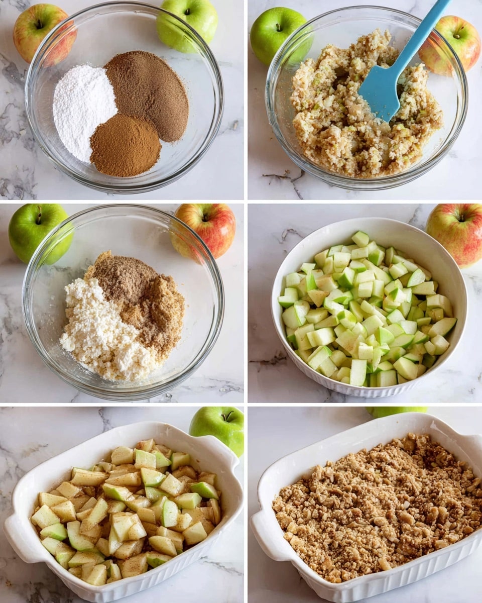 The images show a step-by-step apple crumble preparation. The first layer is a clear glass mixing bowl holding dry ingredients like brown sugar, cinnamon, flour, and white sugar in separate mounds, all light and powdery in texture. The second layer shows these ingredients mixed into a crumbly, light brown dough stirred with a blue spatula. The third layer adds chopped pale green apples on top of the crumbly mixture inside the same bowl, with specks of cinnamon and sugar on the apples. The fourth layer shows the apples mixed evenly with the crumbly dough, creating a mix of soft pale apple pieces and brown sugar bits. The fifth layer shows a white ceramic baking dish filled with this chunky apple mixture, the pale green and beige apple pieces filling the dish evenly. The final layer shows the baking dish topped with a crumbly, golden-brown streusel layer spread evenly over the apples. The whole set is placed on a white marbled surface, with green and orange apples around it. Photo taken with an iphone --ar 4:5 --v 7