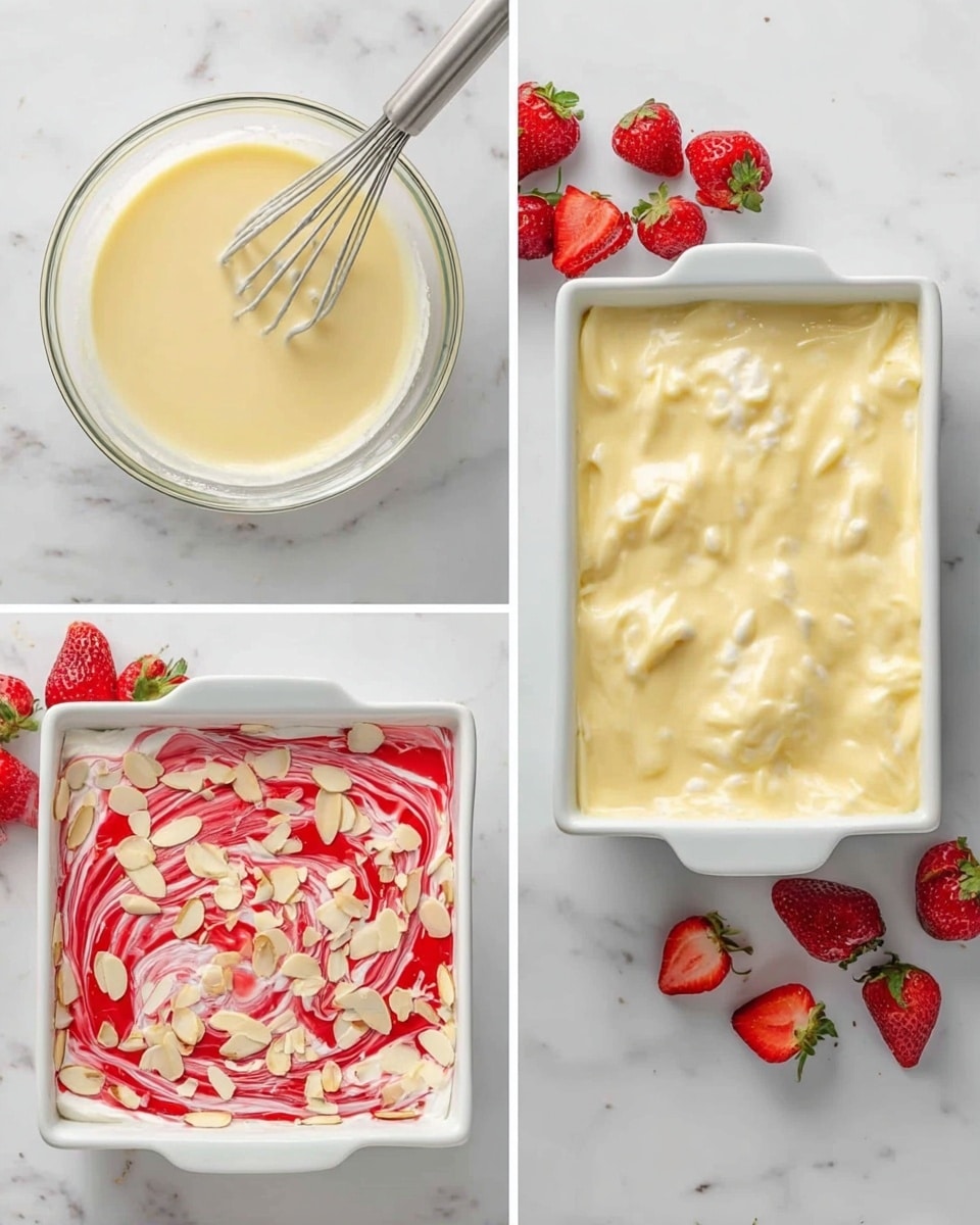 The image shows three stages of a creamy dessert in a white rectangular baking dish on a white marbled surface. The first stage is a glass bowl with a smooth pale yellow mixture and a metal whisk resting inside. The second stage features the baking dish filled with a thick, pale yellow creamy layer containing small lumps, smooth on top. The third stage shows the same white dish with a white whipped layer swirled with bright red strawberry sauce, topped with scattered light brown almond slices and fresh strawberries around the dish on the white marbled surface. Photo taken with an iphone --ar 4:5 --v 7