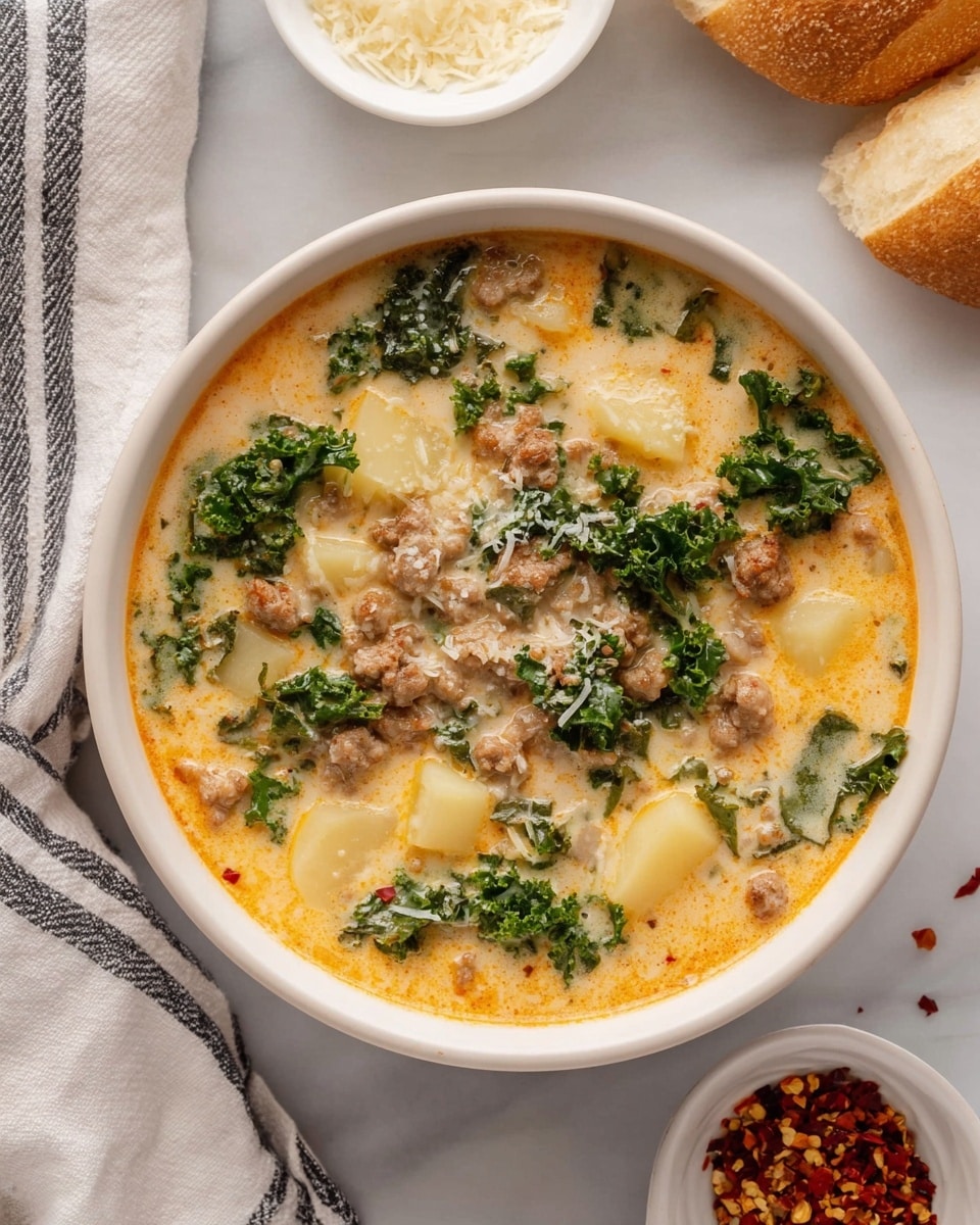 The image shows a white bowl filled with creamy soup that has three main layers: chunks of pale yellow potato pieces, crumbled light brown sausage, and dark green kale leaves. The soup broth is light orange with a smooth, slightly thick texture and is topped with small white shreds of cheese and bits of red pepper flakes scattered on the surface. The bowl sits on a white marbled surface, next to a striped towel and two small white dishes containing grated cheese and red pepper flakes, with some crusty bread pieces in the background. Photo taken with an iphone --ar 4:5 --v 7