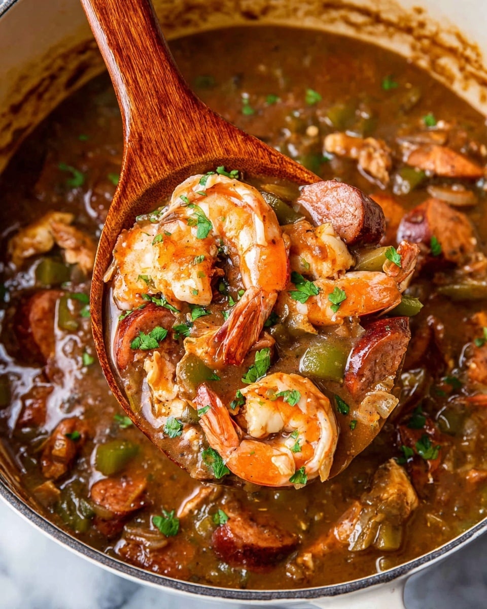 The image shows a rich stew filled with many layers of ingredients in a white pot. The stew has a thick brownish sauce as the first layer, soaking everything. On top of that, there are many pieces of orange shrimp with white parts, dark brown slices of sausage, and chunks of light brown meat mixed with bits of green peppers and chopped green herbs, all mixed together in the sauce. The wooden spoon holding the stew shows the layers inside clearly, with the shrimp and sausage pieces sitting on the thick sauce, and some slices of sausage and vegetables peeking out from below. The background is a white marbled texture. photo taken with an iphone --ar 4:5 --v 7