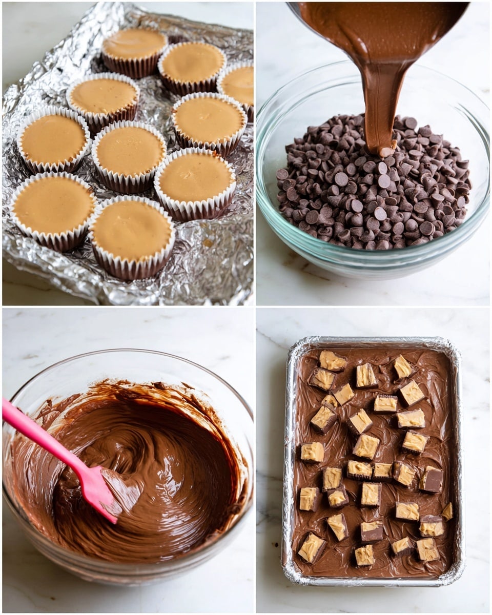 The image shows four stages of making a chocolate peanut butter dessert. The top left part has two layers: a bottom layer of light brown peanut butter cups sitting in white paper liners on crumpled silver foil, and a smooth, darker chocolate layer covering most of the cups, with some showing through. The top right part shows a clear glass bowl filled with small dark brown chocolate chips being covered by thick, pale cream pouring in from above. The bottom left shows a clear glass bowl filled with rich, thick, smooth chocolate batter being stirred with a pink spatula. The bottom right shows a rectangular pan lined with silver foil and filled with the chocolate batter spread evenly, topped with scattered peanut butter cups cut into smaller pieces. The background surface is white with a marble texture. photo taken with an iphone --ar 4:5 --v 7